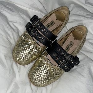 MIU MIU gold woven flats with buckles. Size 6